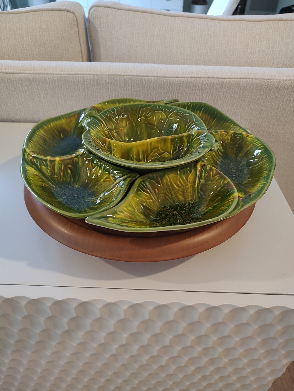 Vintage California Originals Chip And Dip Lazy Susan Set Four Piece Green Leaf